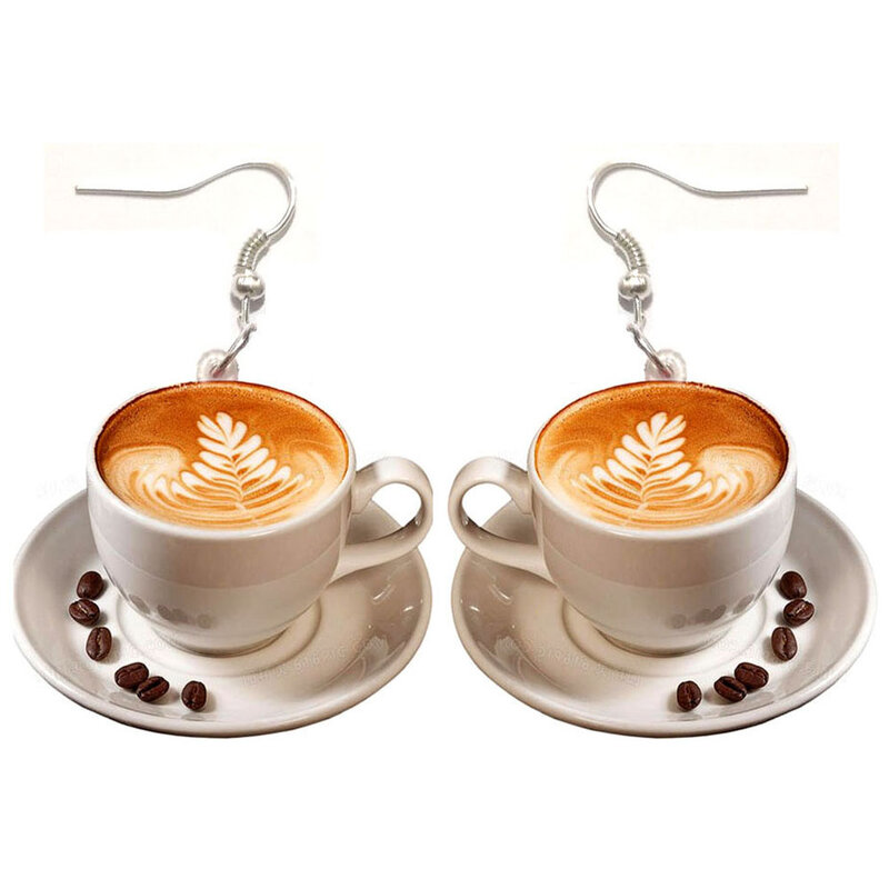 1 pasang anting-anting cangkir kopi bunga menjuntai akrilik Resin Cappuccino perhiasan panjang besar untuk anak perempuan anting-anting datar 2D wanita