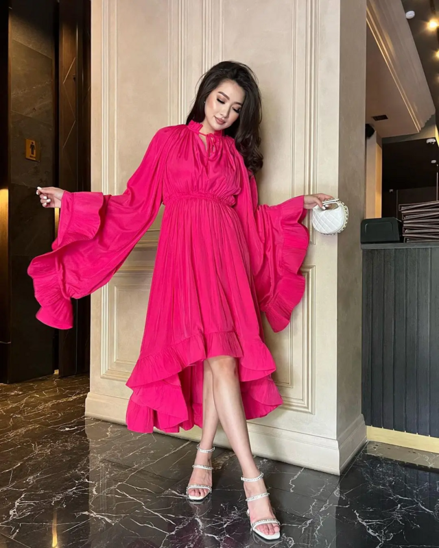 Fuchsia Evening Dresses Long Sleeves Prom Dresses Saudi Arabia Women's Party Dresses Ankle Length Formal Occasion Party Dress