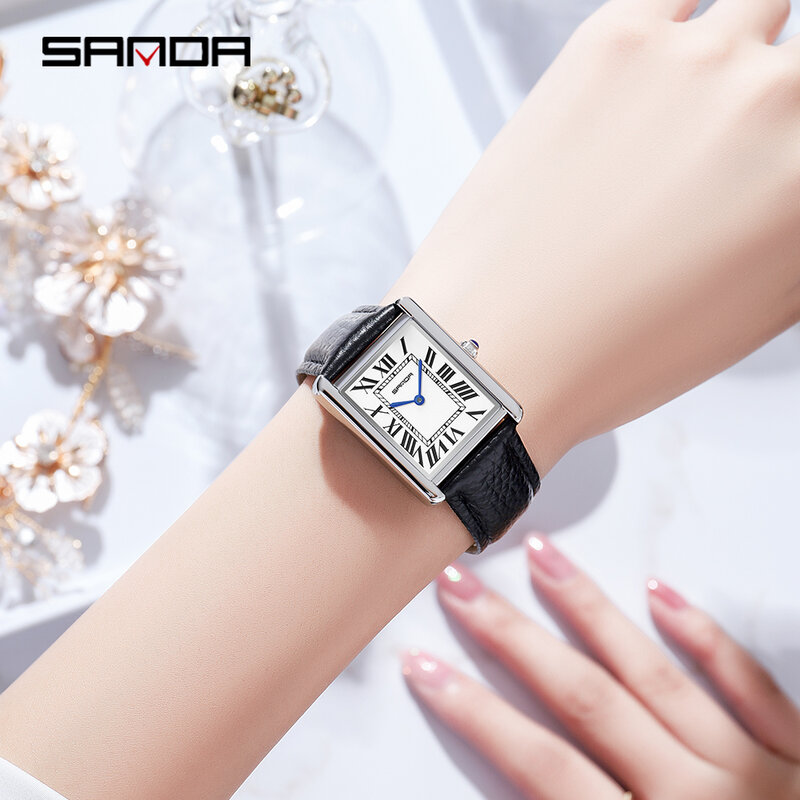 Moda sanda marca superior retangular relógios de pulso para as senhoras caso prata couro de luxo banda relógio quartzo zegarek damski