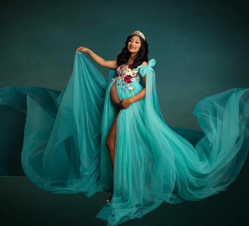 Flauschiges Netz besticktes blaues Umstands kleid für Fotoshooting plus Größe Tüll schwangere Frauen Fotografie Kleid Baby party Robe 2024