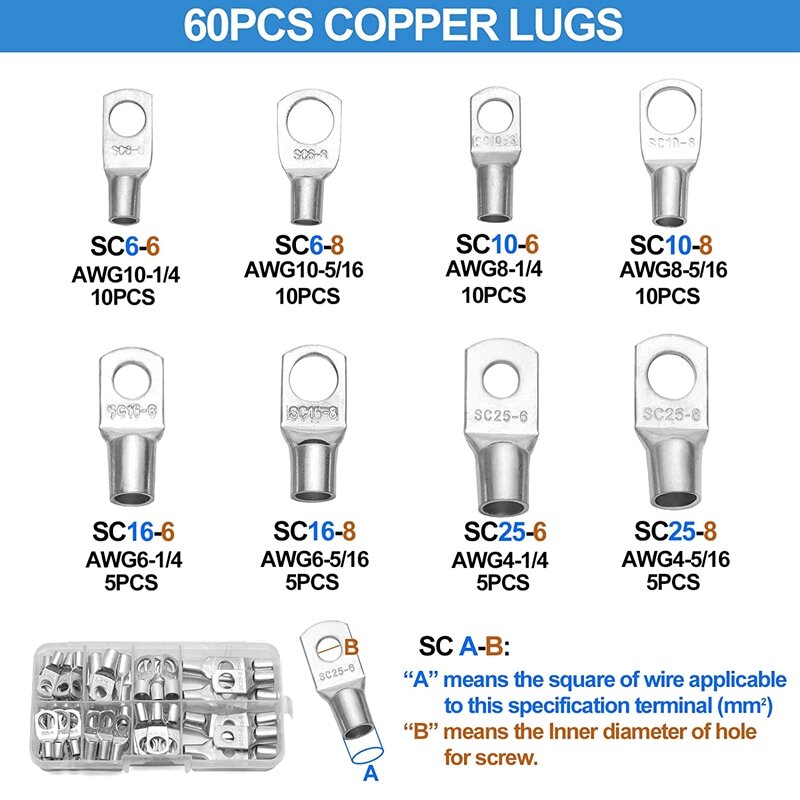 Crimp werkzeug für Batterie kabels chuhe für awg 10, 8, 6, 4, 2, 1 Klemme und 60 Stück 8 Spezifikationen Kabels chuh satz