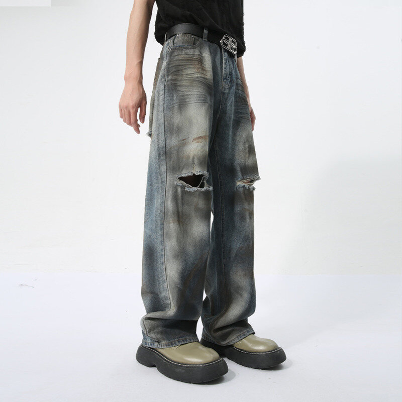 Noymei-メンズの色あせたヴィンテージスタイルのジーンズ,新しい夏のコレクション,ストレート,カラフル,ファッショナブル,スタイリッシュ,ストリート,2024