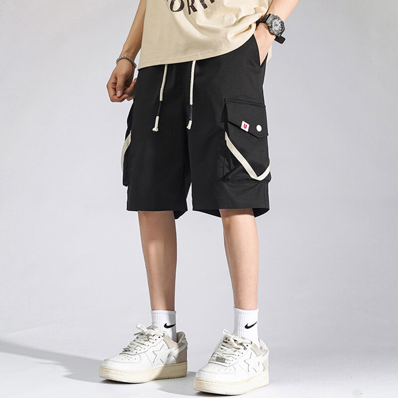 Calça curta masculina de perna larga, streetwear coreano, meia calça larga, bolsos múltiplos, tamanho grande, verão clássico