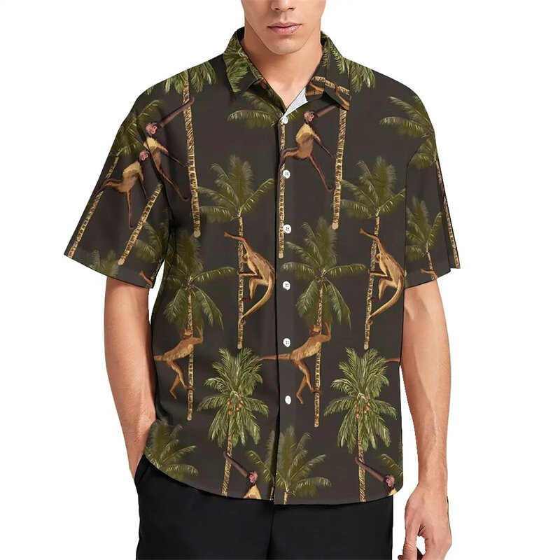 Baju Atasan Pria, baju Atasan Pria motif monyet 3D, baju pantai kasual Hawaii, blus pria grafis hewan lucu