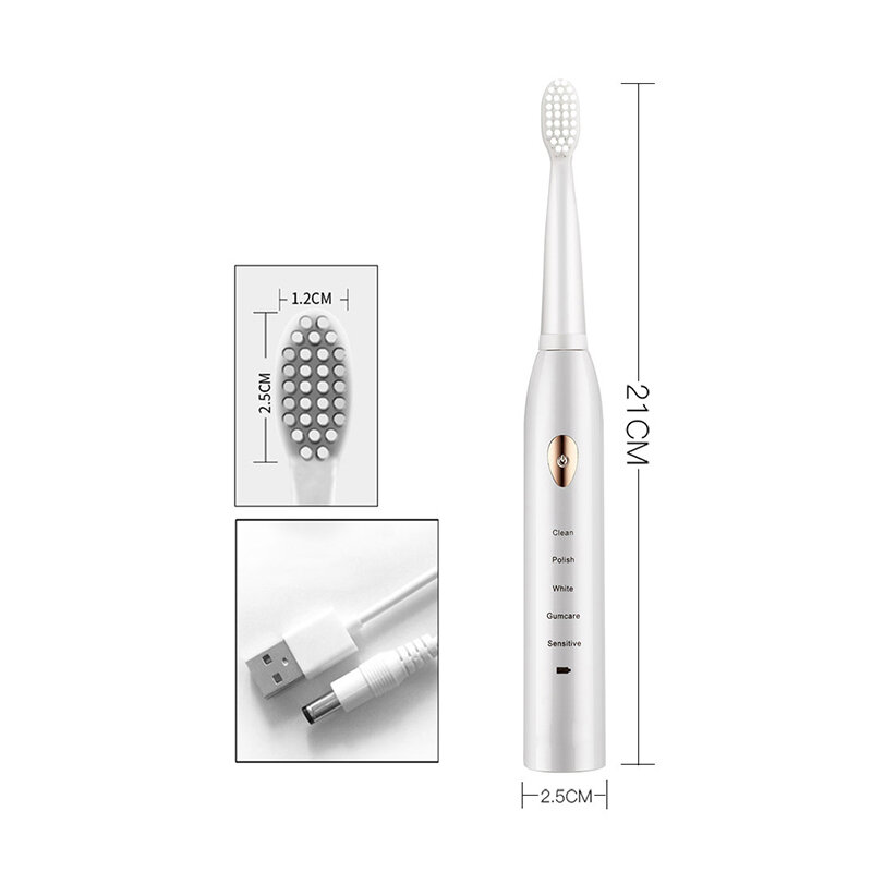 Зубная щетка Ультразвуковая электрическая для взрослых, перезаряжаемая моющаяся, с таймером, для отбеливания и чистки зубов