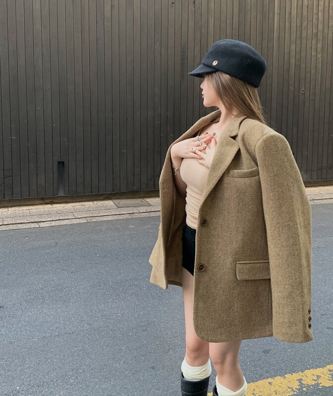 Jaket wol tunggal untuk wanita, mantel wol sisi tunggal bahan campuran wol pendek musim gugur/musim dingin, jaket kantor untuk wanita