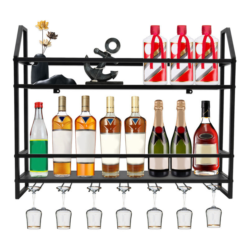 Estante de pared para botellas de vino, soporte duradero para Barra de 20 botellas y 7 copas, color negro