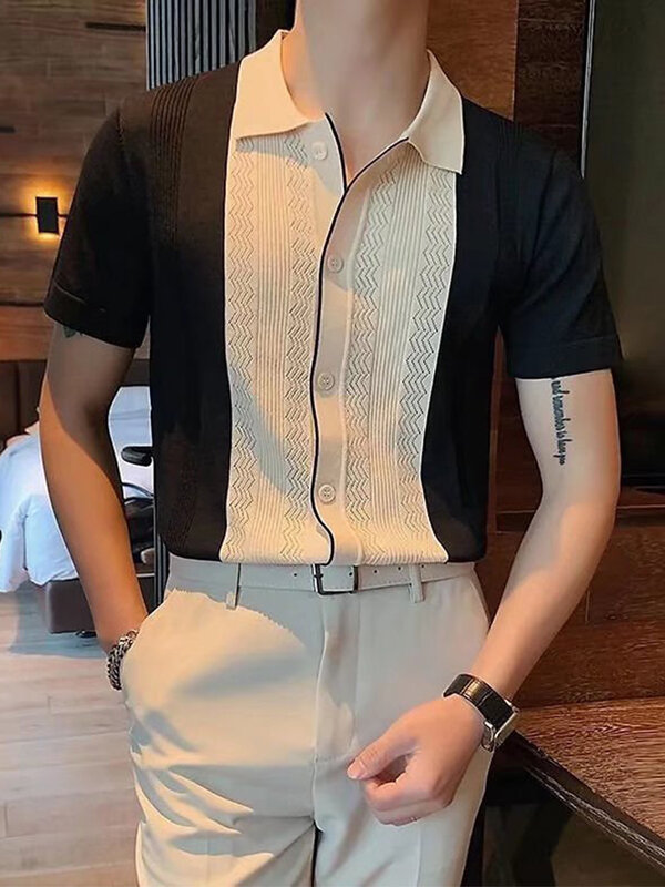 2022 Summer Casual Slim Short Sleeve Polos Mens Shirt Fashion Knitted Striped Patchwork Shirts Men Turndown Collar Buttoned Tops