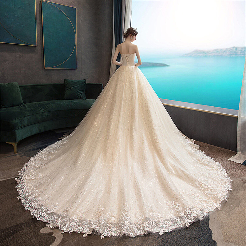 Luxury Strapless Appliques Pearl Sequined Lace Sleeveless Ball Gown Wedding Dresses For Women 2024 Court Train Vestidos De Noiva