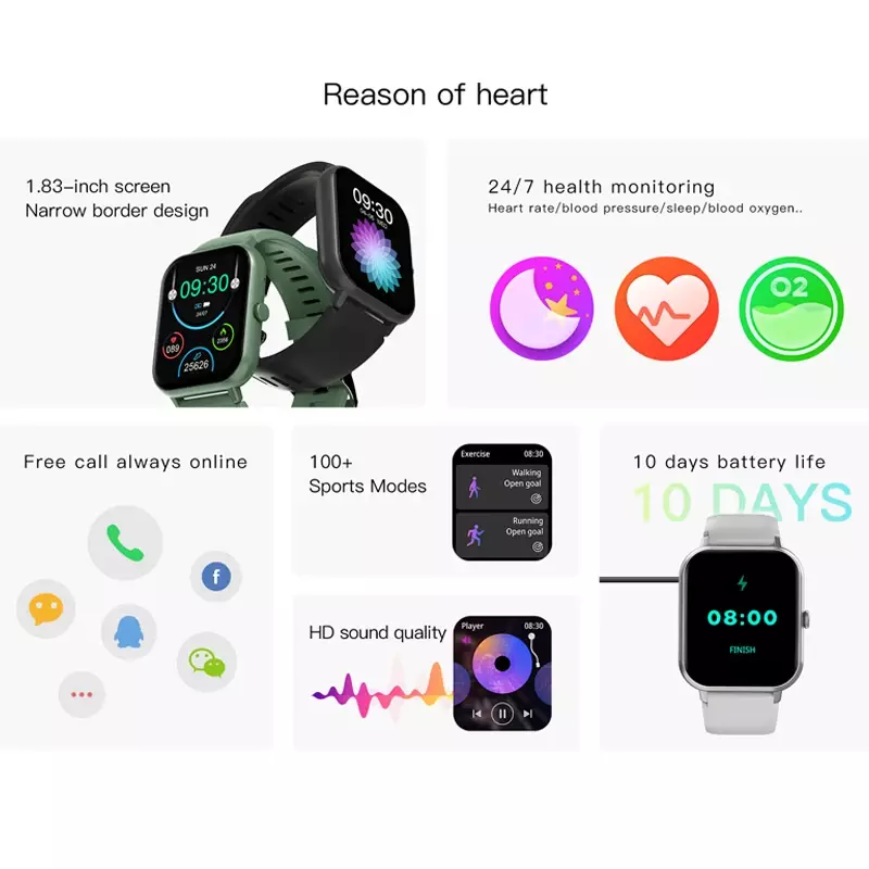 CanMixs-بلوتوث ساعة ذكية للرجال ، 1.83 "، الاتصال الهاتفي ، معدل ضربات القلب ، الأكسجين في الدم ، مراقب الصحة ، الرياضة اللياقة البدنية Smartwatch