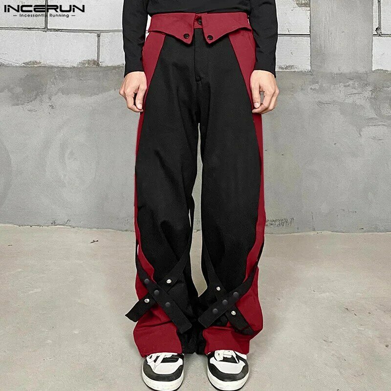 INCERUN 2024 Korean Style New Men Trousers Patchwork Cross Design Long Pants Casual Streetwear Contrasting Color Pantalons S-5XL