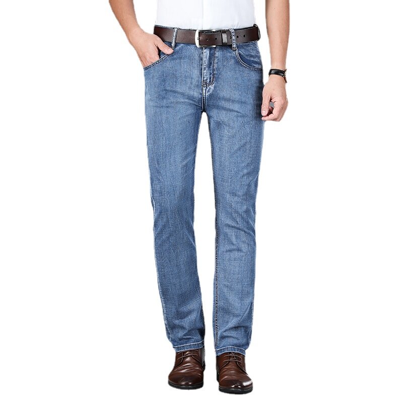 Shan Bao 2022 Lente/Zomer Merk Lichtgewicht Stretch Fit Straight Denim Jeans Business Casual Mannen Hoge Taille Dunne jeans