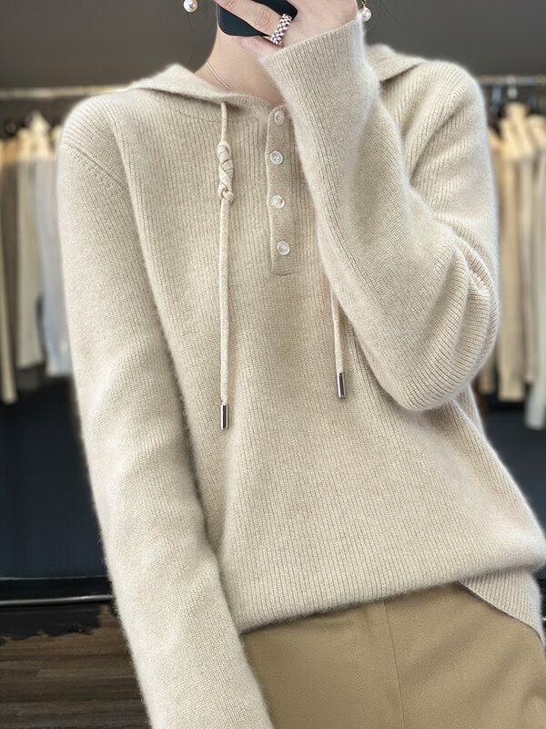 Aliselect autunno inverno donna maglione con cappuccio 100% lana Merino manica lunga Casual Pullover Cashmere cappotto lavorato a maglia moda coreana
