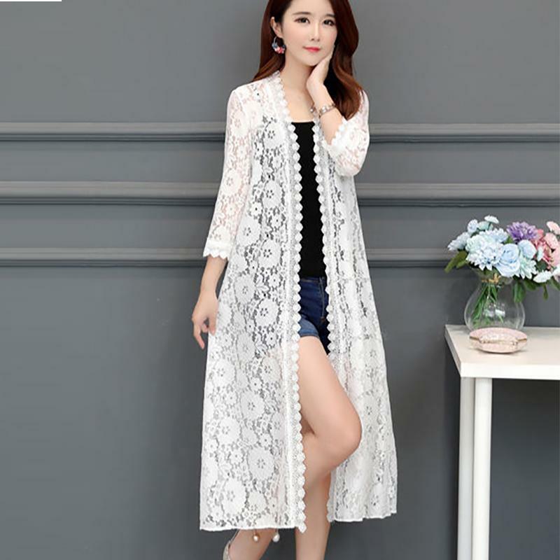 Lace Cardigan Mid-length Summer Mesh Shawl Loose Over-the-knee Sun Protection Clothing Women Jacket Shirt Dropshipping Wholesale