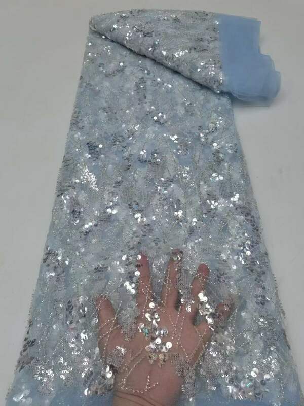 2024 terbaru Perancis manik-manik kain renda Tulle kain renda jaring Afrika kualitas tinggi dengan payet untuk gaun malam