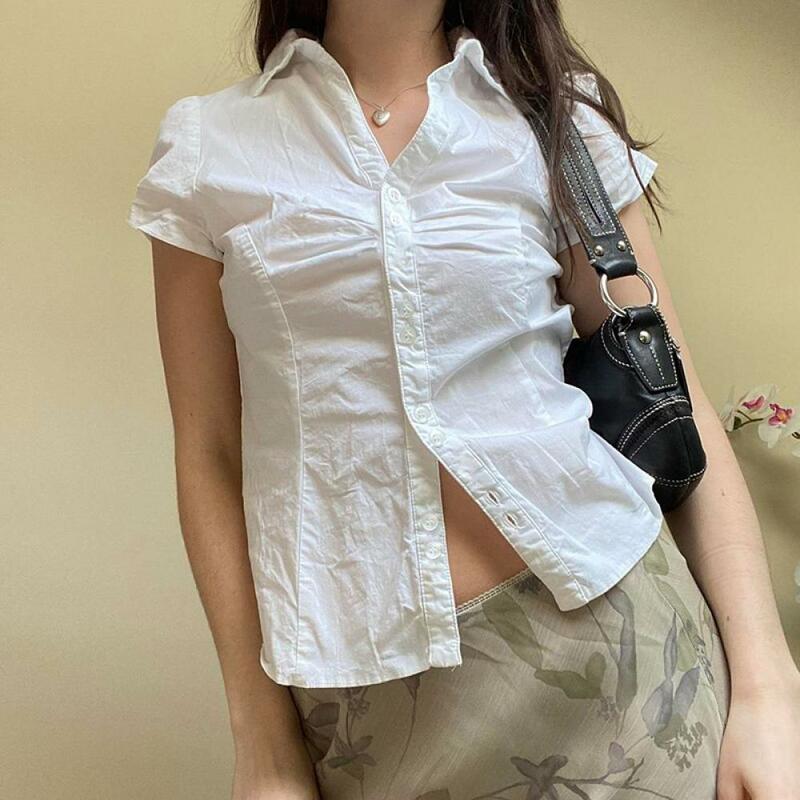 Camisas de botão de gola virada para baixo de manga curta feminina, Harajuku, tops coreanos de verão, blusa senhora, moda casual, nova, 2024