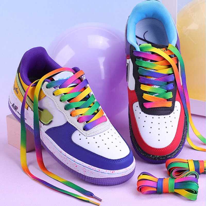 Cordones de zapatos planos de color arcoíris para hombres y mujeres, cordones de zapatos de lona casuales, cordones coloridos, estampado gradiente, Universal, 1 par