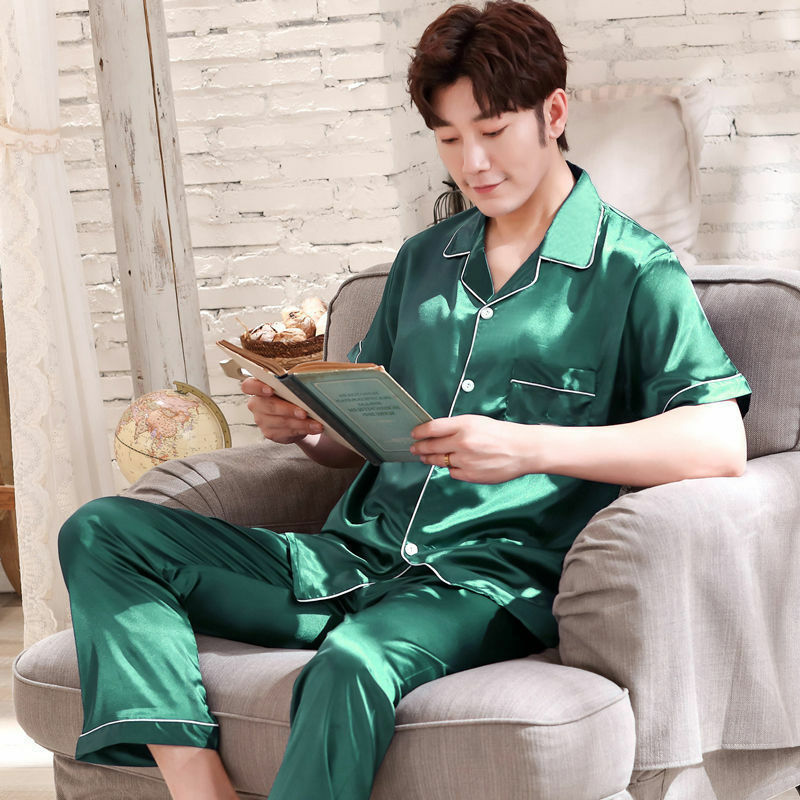 男性用シルクサテンパジャマ,ナイトウェア,長袖,襟付き,2ピースセット,春