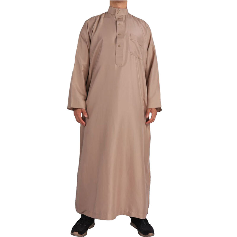Robes de Jubba de manga comprida masculino, Robe de cor sólida, gola alta, Thobe casual, Dubai, Arábia, Moda muçulmana, Roupa masculina