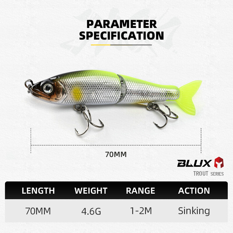 BLUX  JACK CLAW 70S Joint Swimbait 70mm 4.6g Sinking Minnow Wobbler Fishing Lure Artificial Hard Bait for Pike Bass Trout