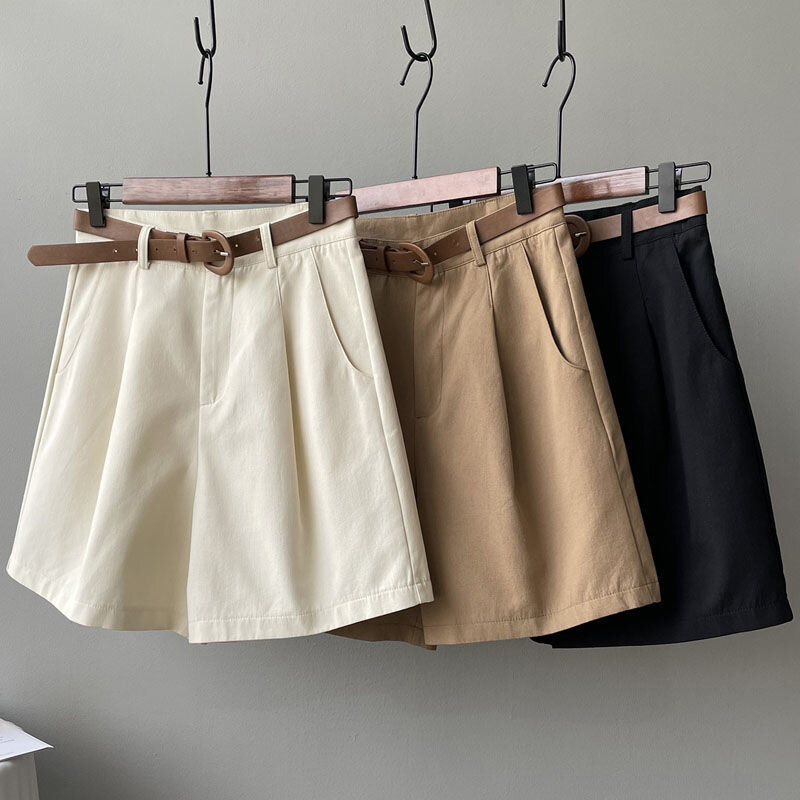 Belt Pure Cotton Shorts Women High Waist Wide Leg A Line Suit Shorts Office Lady Solid Loose Casual All Match Short Pants