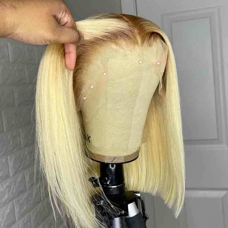 Krótki Bob bezklejowa blondynka o 180 gęstości Ombre 613 prosta koronkowa peruka na przód dla czarnych kobiet z włosami niemowlęcymi codziennie odpornymi na ciepło