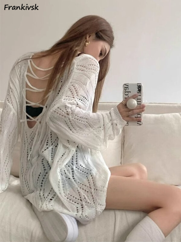 Hollow Out Pullovers Women Loose Slouchy All-match Sun-proof Long Sleeve Summer Backless High Street Fashion Hipster Knitwear