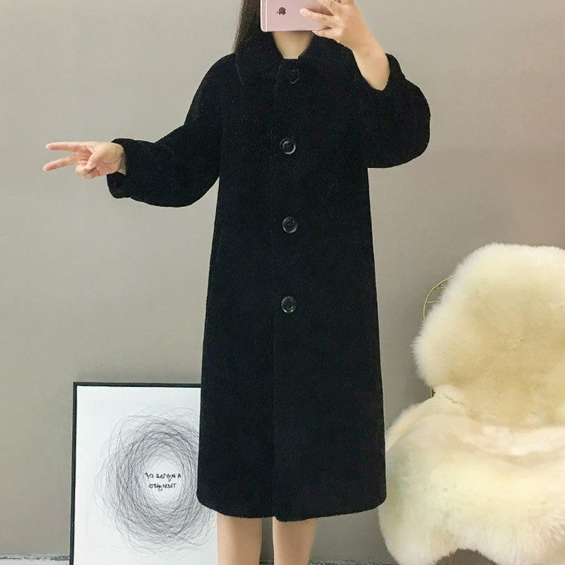 2023 Women Winter Fashion Long Sheep Shearing Coats Female Genuine Lamb Fur Jackets Ladies Loose Pockets Warm Overcoats A417