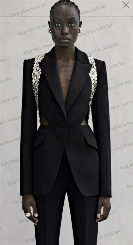 Black Crystals Mulheres Suit Set Blazer + Flare Pants 2 Peças Oco Back Jacket Sexy V Neck Designer de Luxo Custom Made Trajes