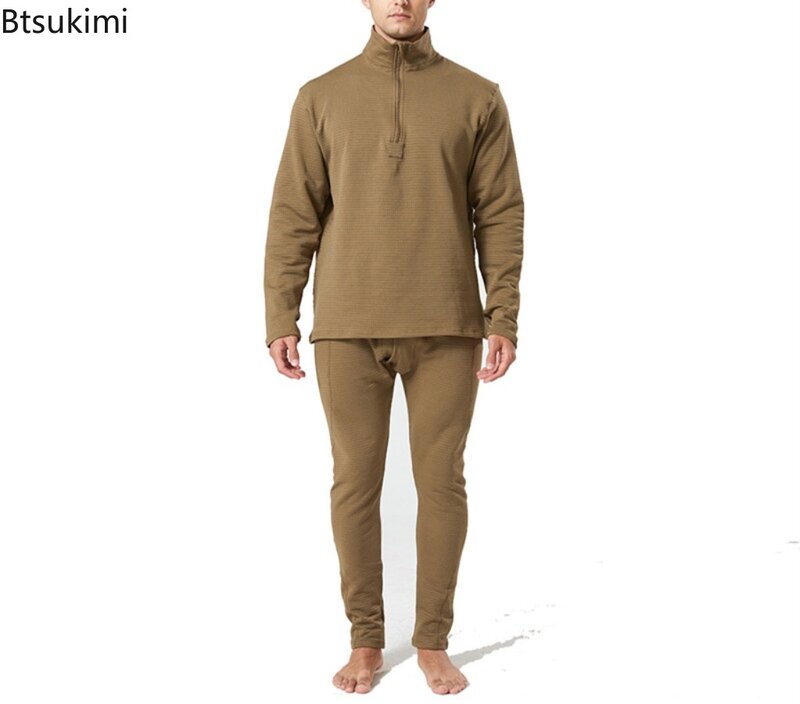 Autumn Winter Men's Outdoor Tactical Warm Underwear Two Pieces Men Solid Half Zip Stand Collar Tops Pants Shake Fleece Male Sets