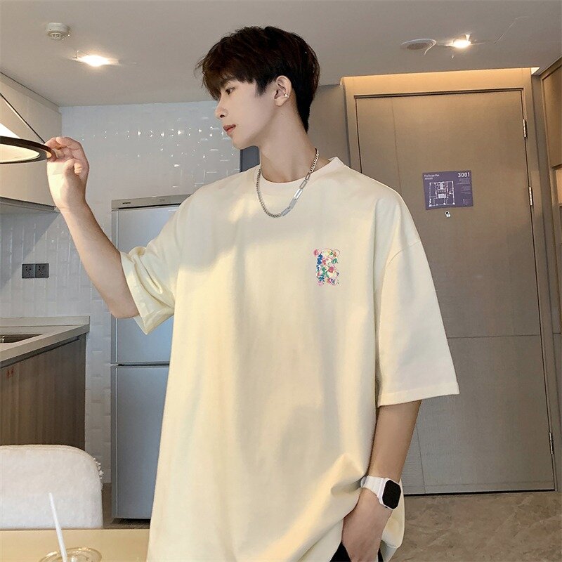 Camiseta masculina de manga curta gola redonda, impressão solta popular juvenil, algodão puro versátil