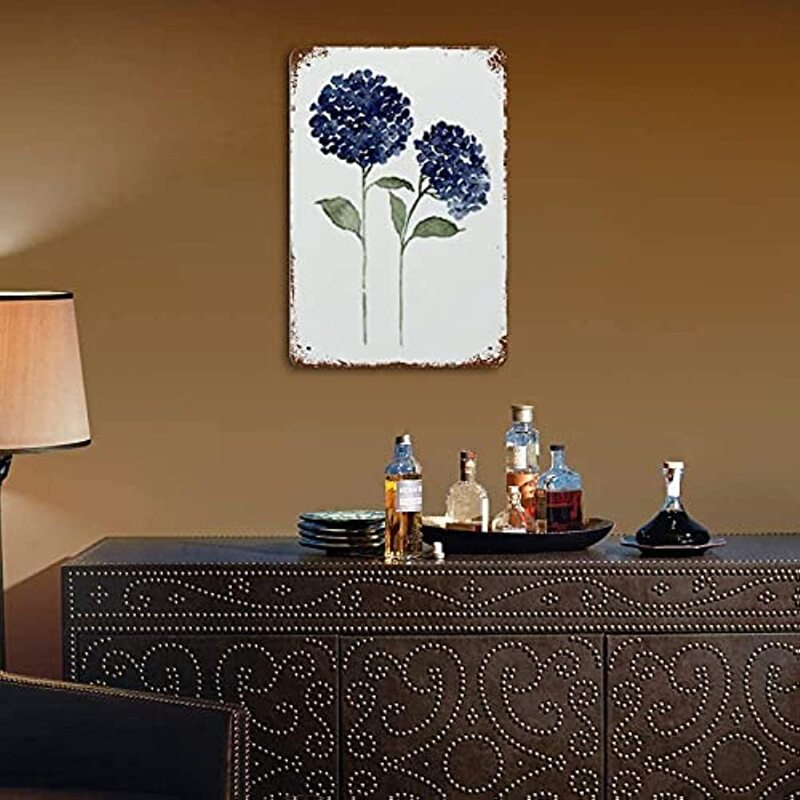 علامة صفيح معدنية عتيقة على شكل كوبية مائية من الألومنيوم ومزينة بأزهار الكوبية بفن أزرق داكن ديكور لغرفة المعيشة
