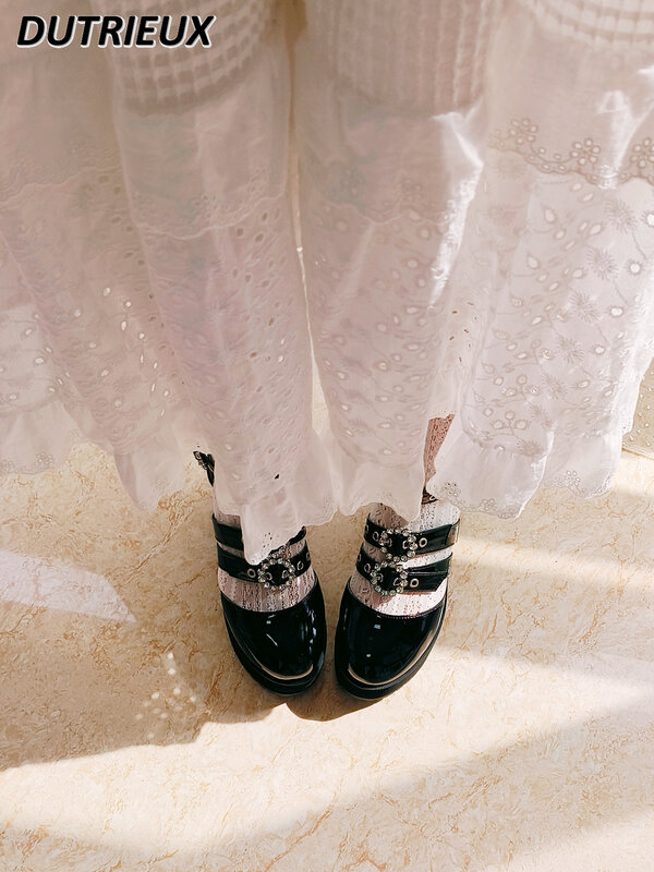 Sandal wanita Hak Chunky perempuan manis gaya Jepang sepatu wanita bergesper berlian imitasi Mary Jane Lolita Mine sandal hitam