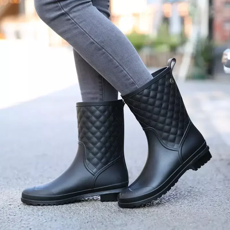 Women Ankle Rain Boots Non-Slip Fleece Removable Waterproof Water Shoes Woman Slip-on Cartoon Rainboots Wellies