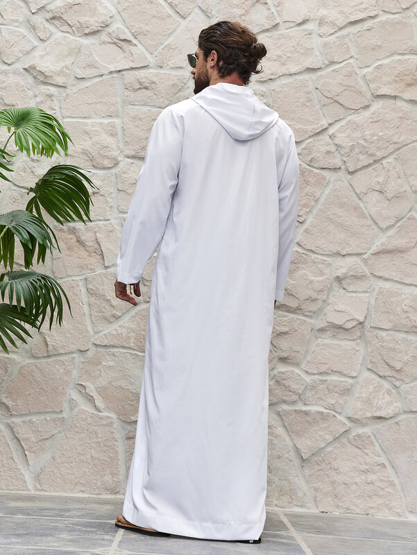 Ramadan thobe มุสลิมมีฮู้ดสีทึบของผู้ชายเสื้อคลุมยาวของอิสลามเสื้อผ้าชายมุสลิมแฟชั่นตะวันออกกลาง