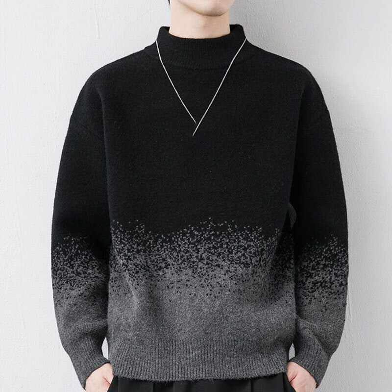 Suéter de malha vintage com gola alta meio masculino, cor de retalhos, gradientes, suéter bonito, pulôver grosso, masculino, inverno, 2023