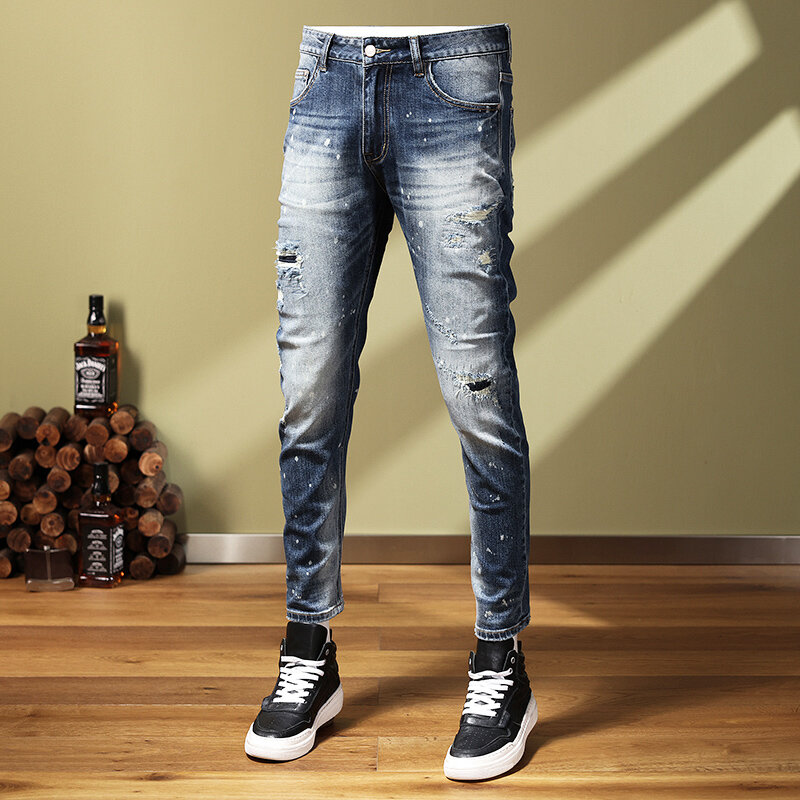 Fashion Designer Men Jeans High Quality Retro Blue Elastic Stretch Slim Fit Ripped Jeans Men Patched Vintage Denim Pants Hombre