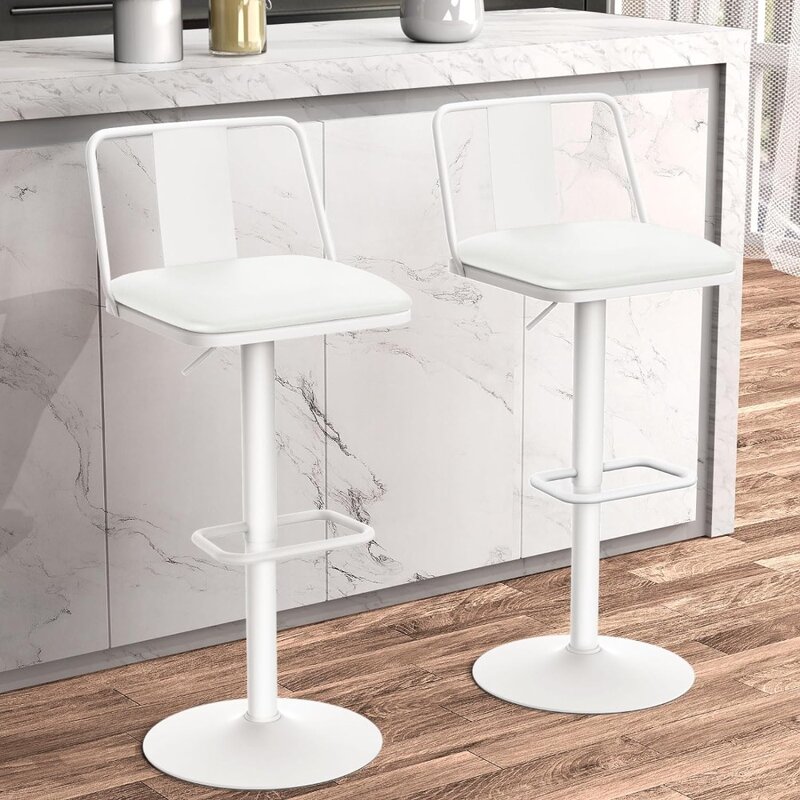 Metalowe obrotowe stołki barowe Zestaw 2 sztuk, powiększone siedzisko ze skóry PU z metalowym oparciem, regulowane od 24" do 33" na wysokość blatu