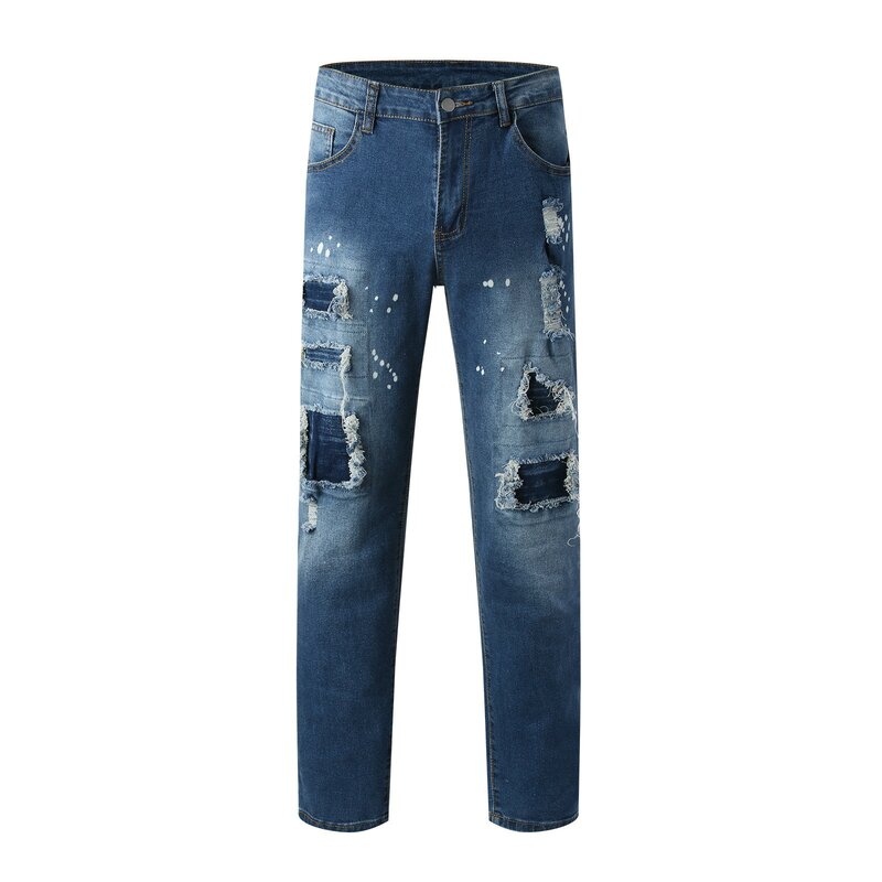 Jeans skinny rasgado de patch masculino, calça lápis, calça slim fit, casual, rua alta, hip hop, elegante, buraco, masculino
