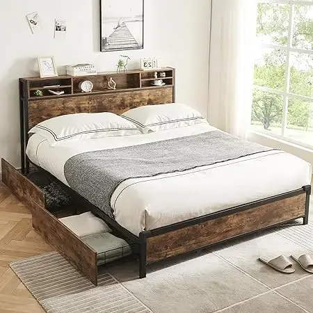 Rama łóżka z zagłówkiem regału i 4 szuflady do przechowywania, metalowe rama łóżka łóżko z pełnymi bokami, dwurzędowe pręty wsporcze, łatwy montaż