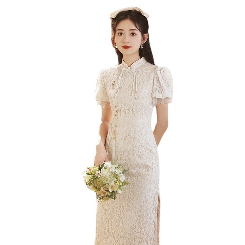 Tradition Chinese Dresses White Bride Cheongsam Gown Sexy Lace Qipao Wedding Banquet Vestidos Women Grace Evening Dress