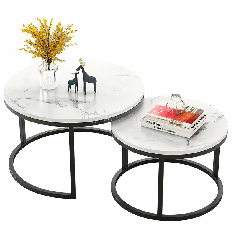 Mesas de centro 2 en 1 para sala de estar, muebles de combinación de madera con textura de mármol, mesa redonda de té, mesa duradera