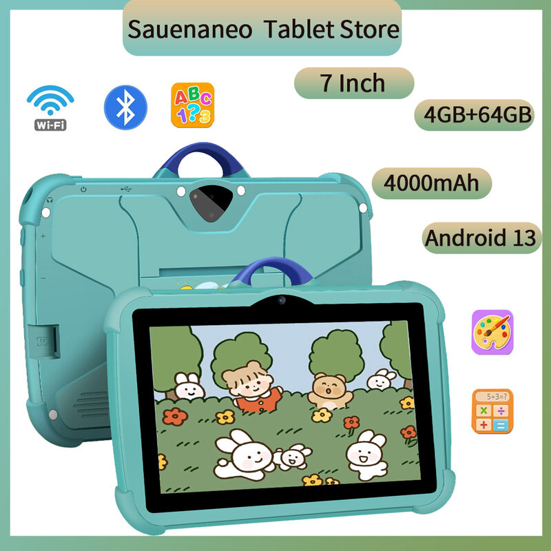 Sauenaneo Tablet anak-anak 7 inci, Tablet 4GB RAM 64GB ROM 5GWIFI, Tablet game bawaan anak-anak 4000mAh Android 13