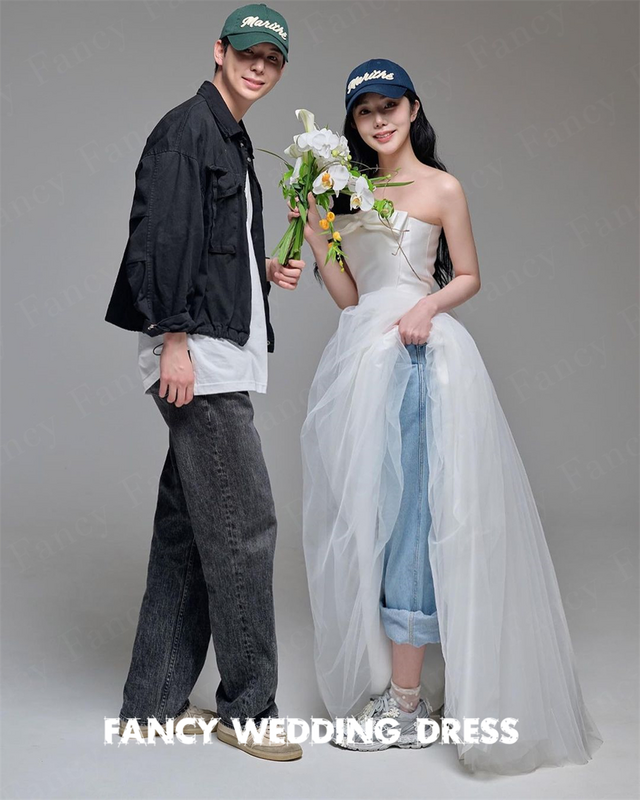 Fancy Special Cool Korea Wedding Dress servizio fotografico senza maniche senza spalline A Line abito da sposa Bow Zip corsetto Back Custom Made