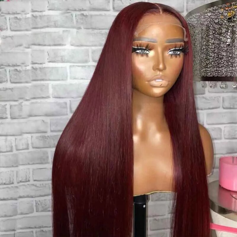 QW  Silky Straight 99J Red Burgundy Wig Soft Synthetic Hair Lace Wigs 13x4 Lace Front Wig Heat Resistant Fiber Cosplay