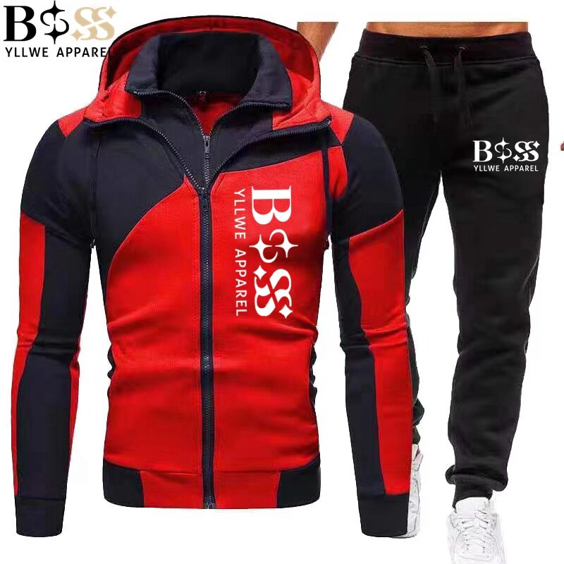 BSS YLLWE APPAREL New Men's Zipper Jacket Hooded Pullover+Sweatpants Sports Casual Jogging Sportswear 2-piece Set for