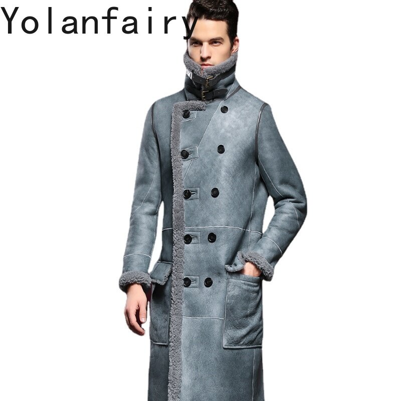 Casaco de couro genuíno e pele para homens, jaqueta comprida no joelho, casacos quentes espessados, FCY, original, novo, outono, inverno