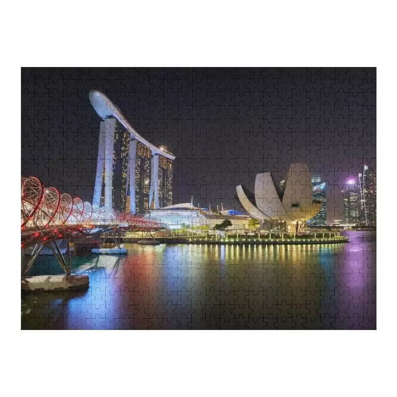 أحجية بانوراما خشبية مع اسم مخصص ، حدائق سنغافورة على الخليج ، الهندسة المعمارية لأفق المدينة