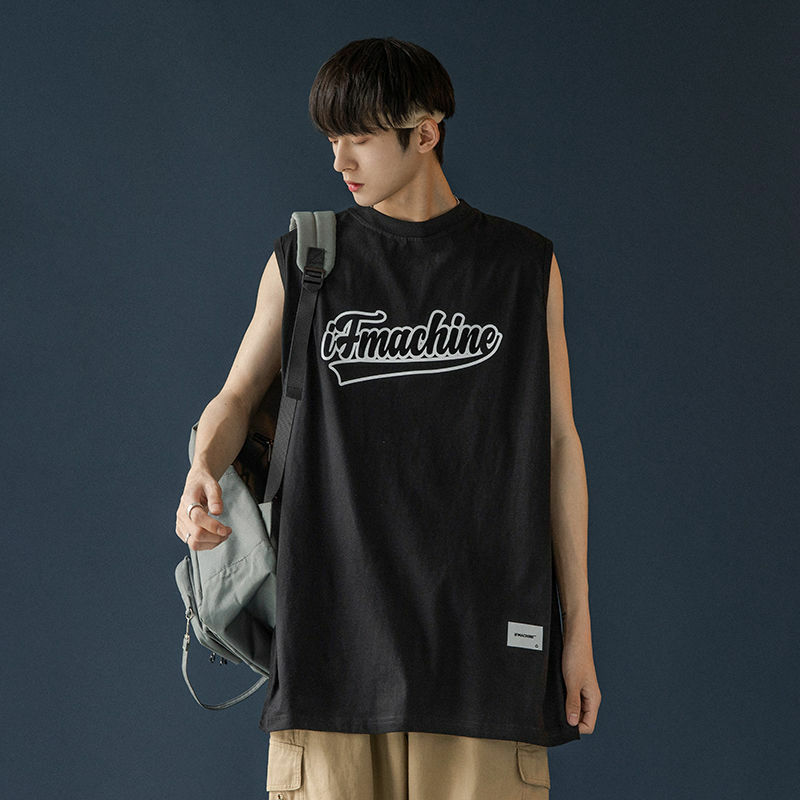 Kaus tanpa lengan Korea pria, atasan lengan pendek longgar y2k personalisasi rompi Harajuku ins olahraga
