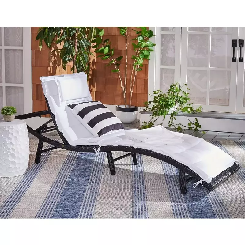 Ajustável Chaise Lounge Chair, Colley Natural Wicker, Almofada branca, Cadeira reclinável, Mobiliário relaxante gratuito, Coleção ao ar livre, Frete